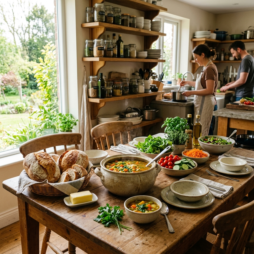 Verse groenten, brood en soep klaargemaakt in de keuken van BBS De Verwondering